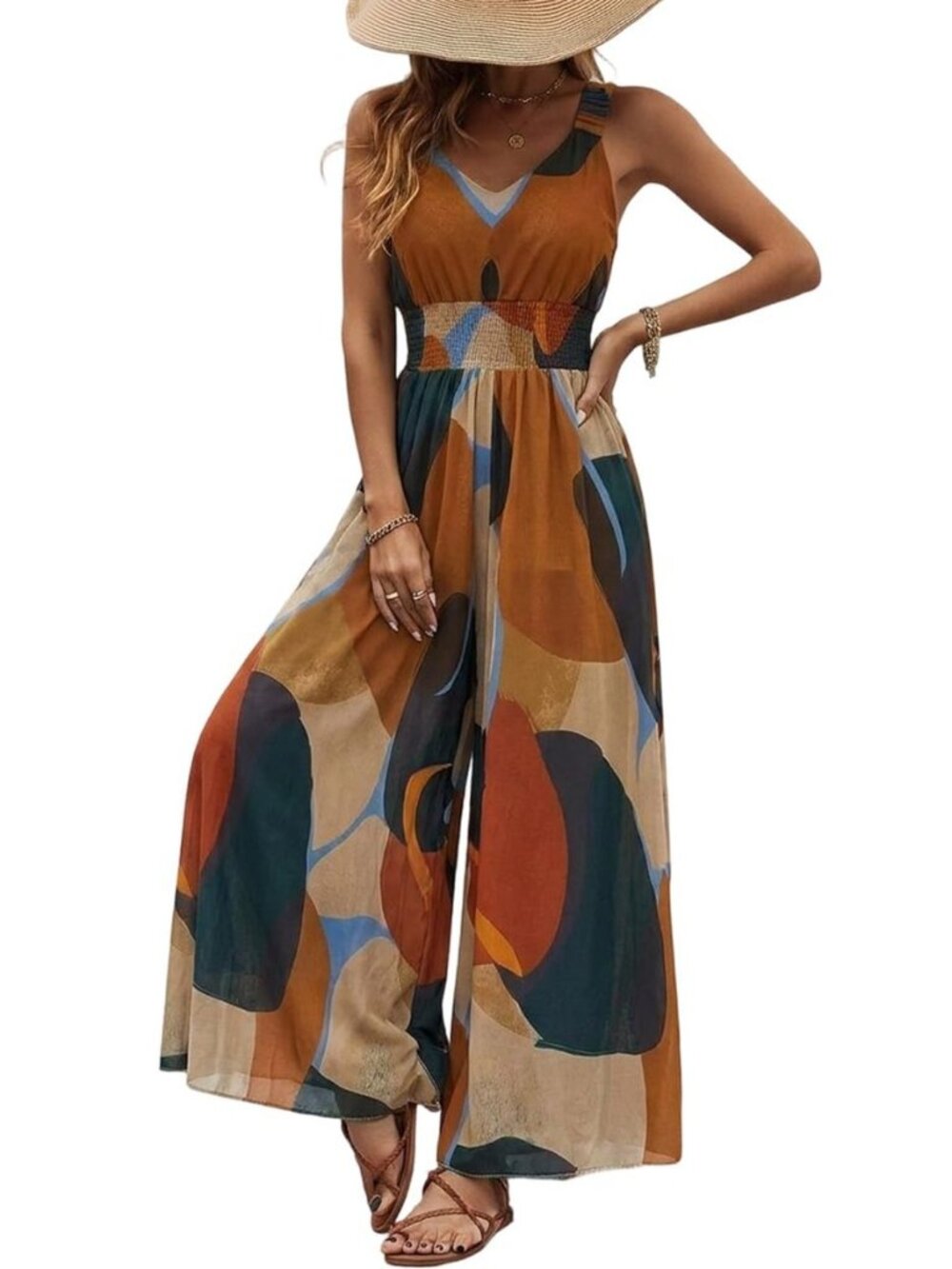 Women’s Abstract Print Jumpsuit V Neck Vacation Beach Romper